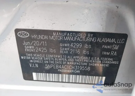 2012 Hyundai Sonata Gls из США, поврежденный, VIN 5NPEB4AC1CH319558